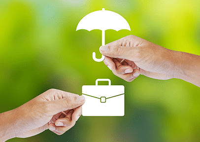 A hand holding an umbrella over a hand holding a briefcase. Representing protecting businesses.