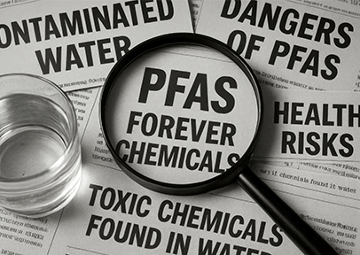 Microscope over newspapers with environmental phrases; PFAS, contaminated water, toxic chemicals